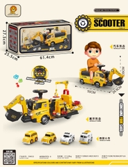 Xe chòi chân scooter thông minh biến dạng 2in1 mô phỏng ô tô cứu hoả có vòi phun nước, máy xúc cần cẩu cho bé