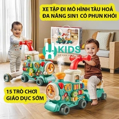Xe tập đi đa năng 5in1 mô hình tàu hoả xe lửa kết hợp xe chòi chân kèm đồ chơi giáo dục sớm có nhạc đèn phun khói cho bé