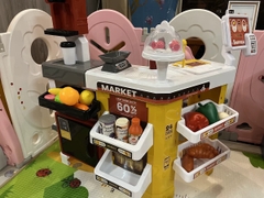 Đồ chơi siêu thị thế hệ mới 65 pcs cỡ đại bự kèm xe đẩy có quầy cà phê máy tính tiền, quẹt thẻ có nhạc cho bé