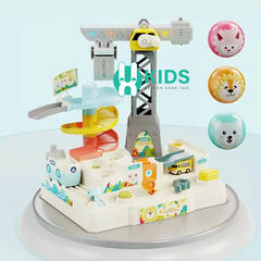 Đồ chơi vận động STEM điều khiển đường đua ô tô phiêu lưu bằng tay với bóng hình thú kết hợp cần cẩu có đèn nhạc cho bé