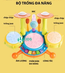 Đồ chơi trống Jazz Drum cỡ lớn có đèn phím đàn piano đa năng kèm micro hát giáo dục âm nhạc sớm cho bé từ 6 tháng tuổi