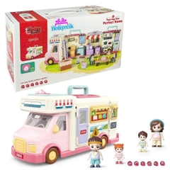 Xe cắm trại mở ra thành ngôi nhà búp bê có đèn nhạc – đồ chơi xe du lịch 2in1 cho bé gái siêu xinh