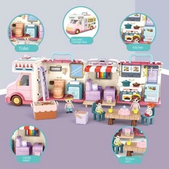 Xe cắm trại mở ra thành ngôi nhà búp bê có đèn nhạc – đồ chơi xe du lịch 2in1 cho bé gái siêu xinh