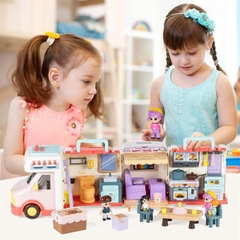 Xe cắm trại mở ra thành ngôi nhà búp bê có đèn nhạc – đồ chơi xe du lịch 2in1 cho bé gái siêu xinh