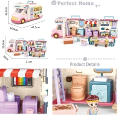 Xe cắm trại mở ra thành ngôi nhà búp bê có đèn nhạc – đồ chơi xe du lịch 2in1 cho bé gái siêu xinh
