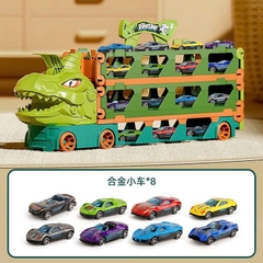 Xe tải container vận chuyển khủng long cỡ lớn biến hình đường ray ô tô siêu tốc dài 2m1 kèm nhiều ô tô cho bé