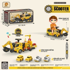 Xe Chòi Chân Máy Xúc Có Cần Cẩu Cho Bé – Biến Hình Gara 2in1, Kèm 4 Xe Mini – Mã ZH922
