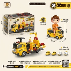 Xe Chòi Chân Trucker Vàng Có Cần Cẩu Cho Bé – Biến Hình Gara 2in1, Kèm 4 Xe Mini – Mã ZH913