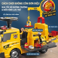 Xe Chòi Chân Trucker Vàng Có Cần Cẩu Cho Bé – Biến Hình Gara 2in1, Kèm 4 Xe Mini – Mã ZH913