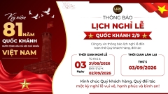 THÔNG BÁO LỊCH NGHỈ LỄ QUỐC KHÁNH 2/9/2026