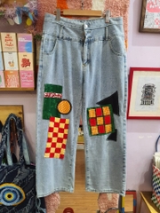 Quần jean đắp vải caro đỏ vàng Chế Upcycled Clothing