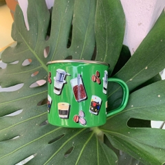 Cốc inox tráng men cà phê nền xanh Mai Lê x Líu Lô