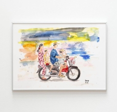 Tranh Tao Honda Dream Family A4 / Family caught in the rain A4