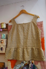 Áo không tay kẻ ô nâu cotton nhún Líu Lô