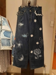 Quần jean đắp vải mây họa ánh trăng Chế Upcycled Clothing