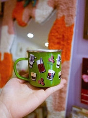 Cốc inox tráng men cà phê nền xanh Mai Lê x Líu Lô