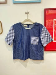 Áo cộc tay kẻ caro xanh blue đậm Líu Lô 450