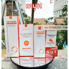 Combo Hỗ trợ giảm Mụn Lycos (Gel Rửa Mặt – Kem Chống Nắng – Tinh Chất Peeling – Gel Cấp Ẩm – Son)
