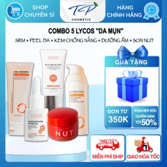 Combo Hỗ trợ giảm Mụn Lycos (Gel Rửa Mặt – Kem Chống Nắng – Tinh Chất Peeling – Gel Cấp Ẩm – Son)