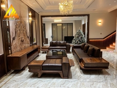 Combo Sofa Kệ Tivi Vách gỗ Óc Chó