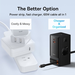 Trạm Sạc GaN Baseus 65W PowerCombo | 2AC + Type-C + USB, Kèm Cáp Rút 65W
