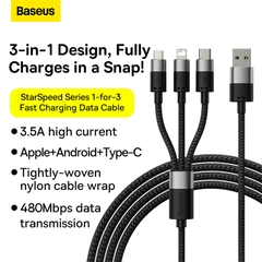 Cáp Sạc Đa Năng Baseus StarSpeed 3.5A USB to M+L+C | Dây Dù Siêu Bền, Sạc Cùng Lúc 3 Thiết Bị