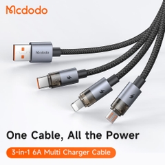 Cáp Sạc Nhanh Mcdodo USB to M+L+C 3-in-1 6A Transparent Cable with Charging Light