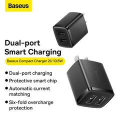 Củ Sạc Baseus 2 Cổng USB 10.5W | Sạc An Toàn Cho Điện Thoại & Phụ Kiện