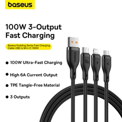 Cáp Sạc Nhanh Baseus Pudding 3 trong 1 USB to M+L+C 100W | Siêu Tốc 100W, Cân Mọi Thiết Bị