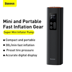 Máy Bơm Lốp Ô Tô Mini Baseus | Bơm Nhanh 15s, Tự Ngắt Áp Suất, Màn Hình LED, Kèm Đầu Nối