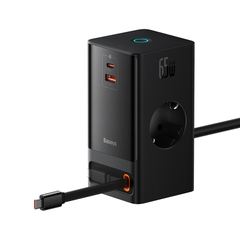 Trạm Sạc GaN Baseus 65W PowerCombo | 2AC + Type-C + USB, Kèm Cáp Rút 65W