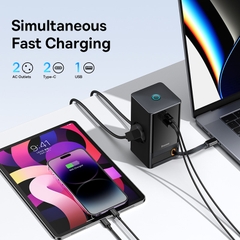Trạm Sạc GaN Baseus 65W PowerCombo | 2AC + Type-C + USB, Kèm Cáp Rút 65W