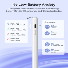 Bút Cảm Ứng Sạc  2 Chế Độ Baseus Smooth Writing 2 Series Dual Charging Stylus, White (Active Version Wireless/Cabled Charging, with Simple Series Data Cable White and active pen tip)