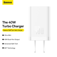Cốc Sạc Nhanh Nhỏ Gọn OS-Baseus GaN5 Pro Fast Charger C+C 40W US (Chân cắm dẹp US)