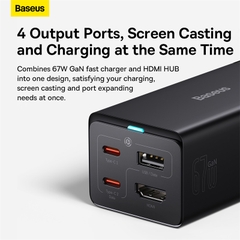 Củ Sạc Kiêm Hub Baseus GaN5 Pro 67W | 4 Cổng HDMI 4K, 2 Type-C, USB, Tặng Cáp USB4 100W
