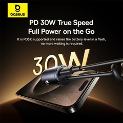 Tẩu Sạc Baseus 30W Kèm Cáp Lò Xo | Sạc 2 Thiết Bị, Có Tay Cầm Kéo Ra Tiện Lợi