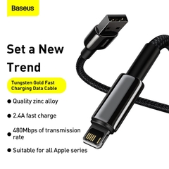 Cáp Sạc Baseus Tungsten Gold 2.4A USB to Ln | Đầu Kim Loại, Bện Dù Chống Đứt