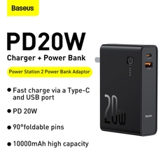 Cốc sạc nhanh kiêm pin sạc dự phòng Baseus Power Station 2 Power Bank Adaptor 10000mAh 20W PD/QC3.0 (10000mAh , Type C/USB Quick Charge,Travel Charger & Powerbank )