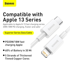 Cáp sạc nhanh siêu bền C to Lightning Baseus Superior Series PD 20W cho iPhone 12/11 Series (Type C to Lightning PD 20W/18W Fast charge & 480Mbps Data, TPE Cable)