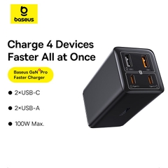 Bộ Cốc Sạc Baseus GaN6 Pro 100W | 4 Cổng Sạc 2Type-C 2USB, Kèm Cáp Type-C 100W