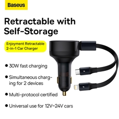 Tẩu Sạc Kèm Cáp Công Suất Cao Baseus Enjoyment Retractable 2-in-1 Car Charger C+L 30W