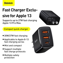 Củ Sạc Baseus Compact 30W Đa Năng 3 Cổng | 2 USB + 1 Type-C, Sạc Cùng Lúc 3 Thiết Bị
