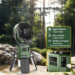 Quạt cắm trại ngoài trời đa năng OATSBASF có đèn năng lượng mặt trời & pin 6000mAh, Quạt treo, Đầu lắc tự động, Sạc Type