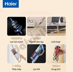 Máy hút bụi cầm tay Haier G16W, Hút bụi giường nệm, ô tô, lực hút 16.000Pa cao cấp