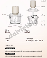 Máy xay thịt Haier HJR-DK202Y2W 1,8 lít 300W - Hàng chính hãng, 4 lưỡi dao, cối thủy tinh - Haier