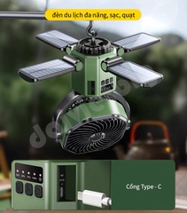 Quạt cắm trại ngoài trời đa năng OATSBASF có đèn năng lượng mặt trời & pin 6000mAh, Quạt treo, Đầu lắc tự động, Sạc Type