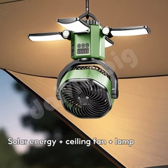 Quạt cắm trại ngoài trời đa năng OATSBASF có đèn năng lượng mặt trời & pin 6000mAh, Quạt treo, Đầu lắc tự động, Sạc Type