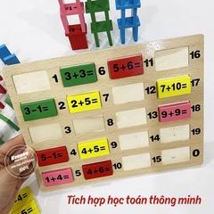Domino gỗ phép tính 60 miếng kèm bảng luyện cộng trừ giúp bé học toán
