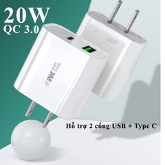 Bộ sạc nhanh, củ/cốc sạc WEKOME U53 PD 20W KÈM QC 3.0 SIÊU BỀN Cho 5/6/7/8/X/11/12/13/14 USB-C To ip
