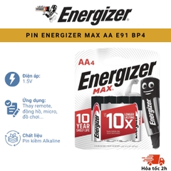 PIN ENERGIZER MAX AA E91 BP4 Vỉ 4 Viên Chính Hãng